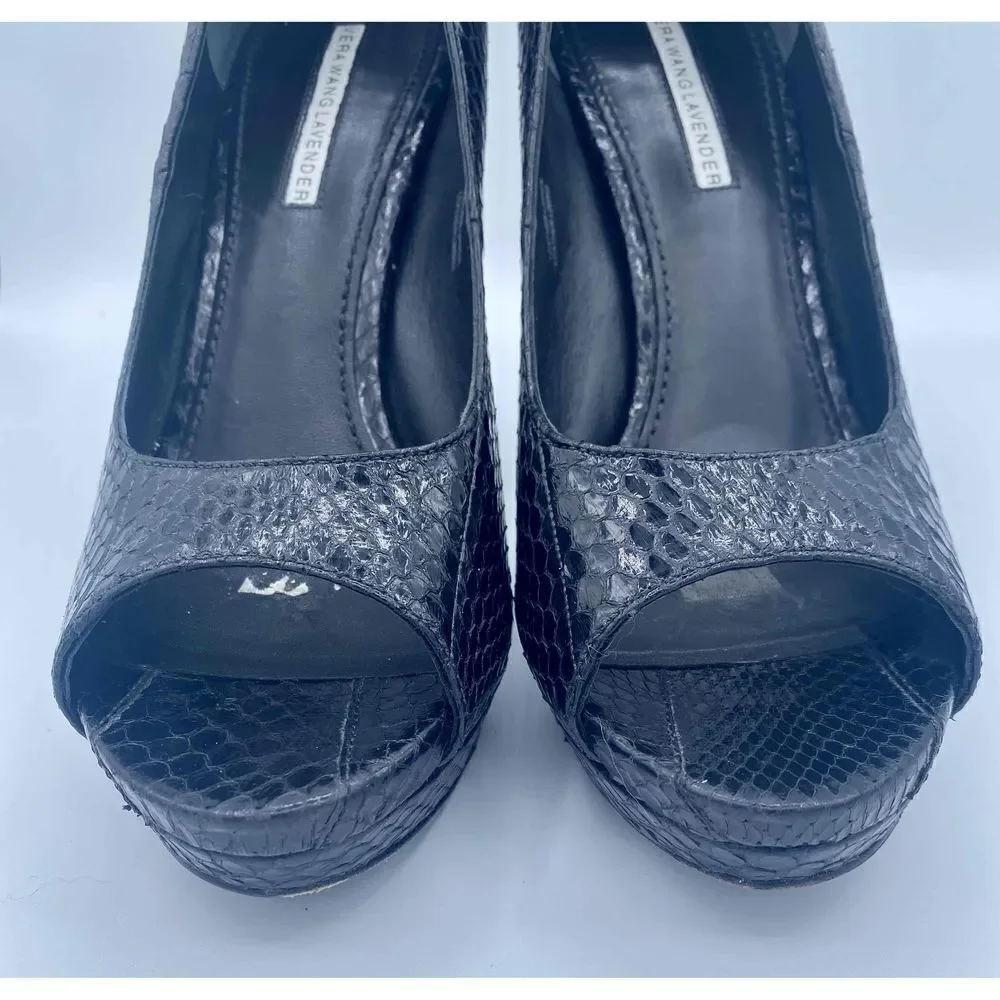 Vera Wang Lavender Peep Toe Black Leather Stiletto Platform Heels Size 8.5 - Picture 3 of 6